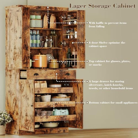 IRONCK Kitchen Pantry Cabinet with Sliding Storage Rack and 6 Hanging Shelves, 72" Height Tall Freestanding Cupboard for Living Room, Dining Room, Laundry, Vintage Brown IRONCK