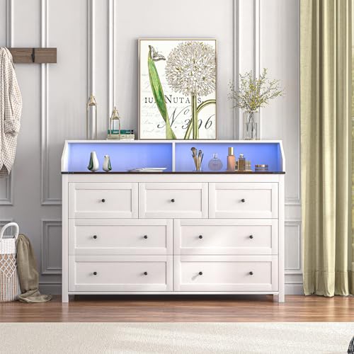 GlouMod LED Dresser with Charging Station, 7 Drawer Dresser for Bedroom, Chest of Drawers with LED Lights, Wood Dresser for Closet, Living Room, Hallway, Kids Room, Large White Dresser GlouMod