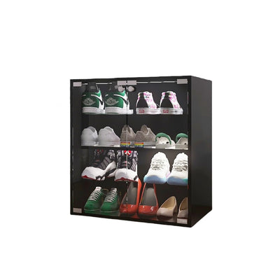HomVent Shoe Box with RGB LED Light, Wooden Stackable Shoe Storage Box with Glass Door, Shoe Storage Bin Shoe Display Case for Sneakers (4 Tier-1)