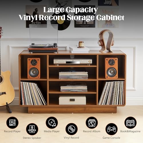 RARZOE Large Record Player Stand with Vinyl Storage, 5-Tier AV Media Stereo Cabinet, Curved Vinyl Record Storage Cabinet Turntable Stand with Adjustable Shelves for Living Room Recording Studio RARZOE