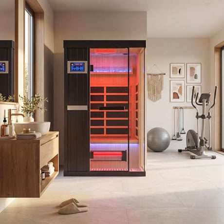 QUYZE 1-2 Person Ultra Low EMF Infrared Sauna, Indoor Wood Sauna with Red Light Therapy & Bluetooth Speakers, Hemlock Home Saun Room/w Control Panel and Tempered Glass Door for Home (Black) QUYZE
