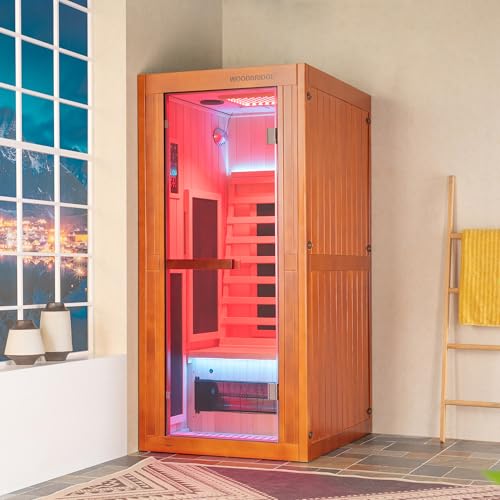 Woodbridge Infrared Home Sauna Room 1 Person Japanese Cedar Indoor Sauna with 7 Carbon Heaters, Red Light Therapy, Bluetooth Speaker, Intelligent Control Panel, Tempered Glass & Top Vent WOODBRIDGE