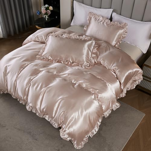 Silk Like Satin Bedding Twin Light Pink Duvet Cover Set Soft Silky Ruffle Comforter Cover Sexy Hotel Silky Bedding Sets 1 Duvet Cover 1 Pillowcase (Twin, Light Pink) Bedding_Dreamer
