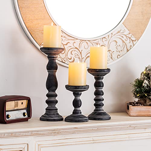 Wooden Candle Holders for Pillar Candles - Tall Rustic Candle Holder (Set of 3), Large Farmhouse Candle Holders Candle Stand, Pillar Candle Holder Set for Table Centerpiece, Fireplace, Home, Black Inweder