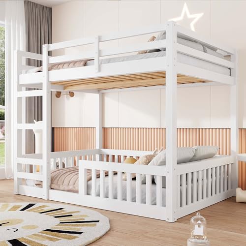 Bellemave Full Over Full Bunk Bed with Ladders Wood Bunk Beds with Full-Length Guardrails Floor Bunk Bed Frame for Kids, Boys, Girls, No Spring Box Needed, Pure White Bellemave