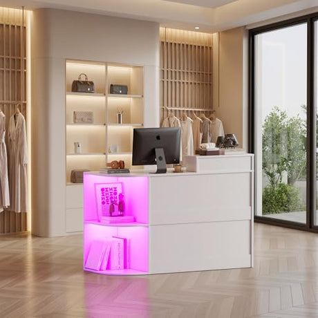 Modern Reception Desk with LED Light and Open Shelves, Front Desk with Lockable Drawers & Keyboard Tray,Reception Counter Table with Storage for Checkout, Office, Lobby, Nail Salon Spa (C.White) SDMY