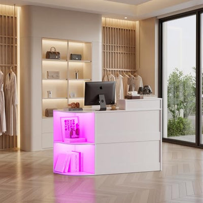 Modern Reception Desk with LED Light and Open Shelves, Front Desk with Lockable Drawers & Keyboard Tray,Reception Counter Table with Storage for Checkout, Office, Lobby, Nail Salon Spa (C.White)
