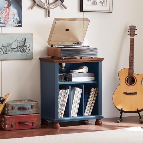Joaxswe Record Player Stand with Vinyl Record Storage, 24" Wide Mid-Century Record Player Table Up to 200 Albums,Large Wood Turntable Stand Cabinet Dispaly Shelf for Living Room,Bedroom,Blue Joaxswe
