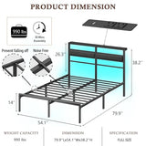 OURPIC Full Size Bed Frame with Headboard, Bed Frame Full Size with LED Light and Charging Station, Black Metal Platform Bedframe and Storage Shelf, No Box Spring Needed, Noise Free OURPIC
