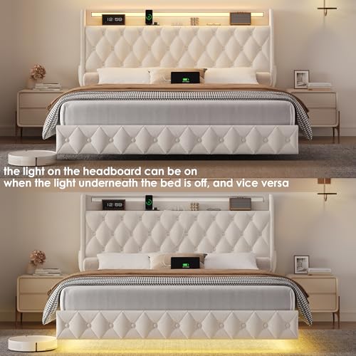 Keyluv Queen Floating Bed Frame with LED Lights & Charging Station, Upholstered Velvet Platform Bed with Button Tufted Storage Headboard, No Box Spring Needed, Noise-Free, Easy Assembly, Beige Keyluv