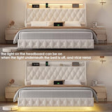 Keyluv Queen Floating Bed Frame with LED Lights & Charging Station, Upholstered Velvet Platform Bed with Button Tufted Storage Headboard, No Box Spring Needed, Noise-Free, Easy Assembly, Beige Keyluv