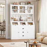 HIFIT 71.4” H Kitchen Pantry Storage Cabinet, Farmhouse Tall Pantry Cabinet with 3 Bread Storage Containers and Cable Hole, 47.2” Wide Kitchen Hutch with 7 Metal Hooks and Glass Doors, White HIFIT