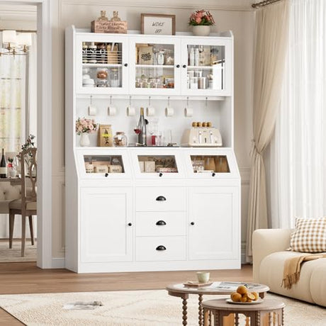 HIFIT 71.4” H Kitchen Pantry Storage Cabinet, Farmhouse Tall Pantry Cabinet with 3 Bread Storage Containers and Cable Hole, 47.2” Wide Kitchen Hutch with 7 Metal Hooks and Glass Doors, White HIFIT