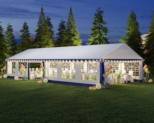LUXOAK 20 x 40 FT Extra Large Outdoor Event Shelter, Wedding Party Tent with Sidewall Windows & 2 Side Doors, Heavy Duty Canopy Gazebo Tent for Garden Patio Carport, White with Blue Stripes LUXOAK