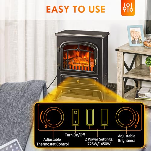 HOMCOM 22" Electric Fireplace Heater, Freestanding Fire Place Stove with Realistic LED Flames and Logs, and Overheating Protection, 725W/1450W, Black HOMCOM