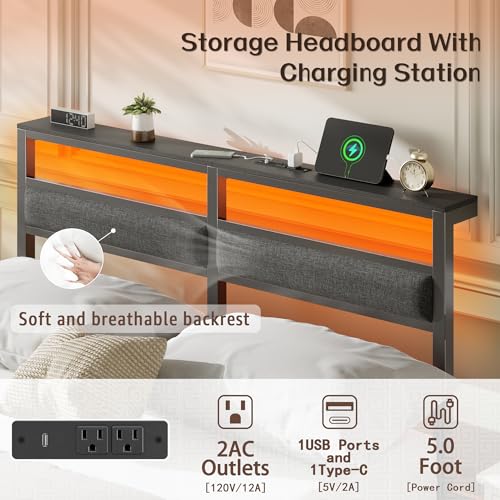 OURPIC Full Size Bed Frame with Headboard, Bed Frame Full Size with LED Light and Charging Station, Black Metal Platform Bedframe and Storage Shelf, No Box Spring Needed, Noise Free OURPIC