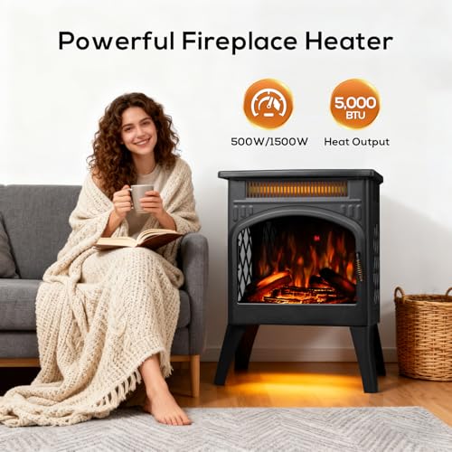 ZAFRO 21" Freestanding Electric Fireplace with Remote, Fireplace Space Heater with Adjustable Flame Color and Brightness, Thermostat/Sleep Mode/Overheat Protection for Bedroom, Living Room(Black) ZAFRO