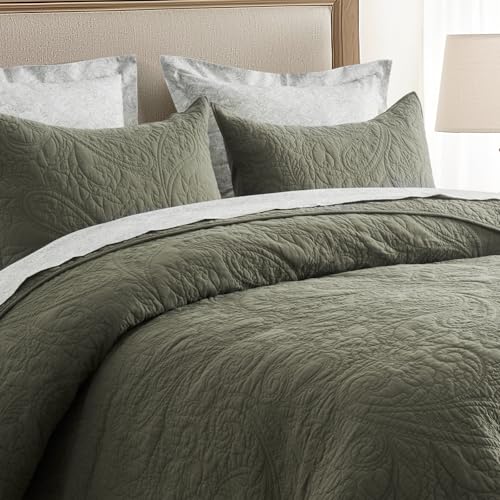 EVERGRACE 100% Cotton Paisley Quilt Set, King Size 3 Piece Set – Prewashed Lightweight Bedspread with 2 Shams, Soft & Breathable Matelasse Coverlet for All-Season Comfort, Olive Green EVERGRACEHOME