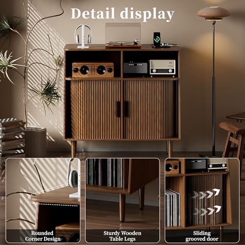 Record Player Stand with Vinyl Storage, Mid Century Modern Vinyl Storage Cabinet with Power Outlet and Sliding Doors, Turntable Stand Table Holds Up to 350 Albums for Living Room (walnut, 31.5"W) tauxkoi