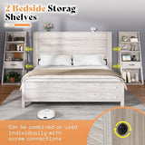 LUXOAK Full Bed Frame with Bookcase Headboard & 4-Tier Bedside Shelf, Farmhouse Platform Bed with Charging Station and 2 Drawers, Noise-Free, No Box Spring Needed, Rustic White LUXOAK