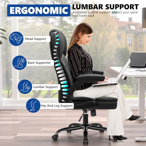 PU Leather Executive Office Chair, Ergonomic High-Back Computer & Gaming Chair with Adjustable Height, Rolling Swivel & Flip-Up Armrests, Comfy Padded Seat for Home Office-Black FelixKing