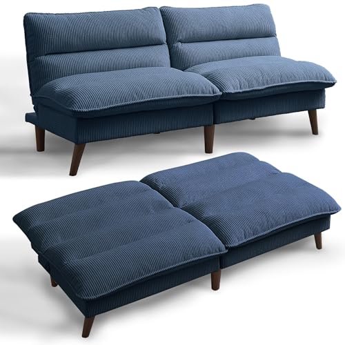 Chireca 72" Futon Sofa Bed, Convertible Futon Couch with Adjustable Backrest, Modern Corduroy Sleeper Sofa for Small Spaces, Living Room, Office, Blue Chireca