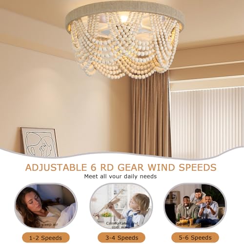 FUMLTP Boho Beaded Ceiling Fans with Lights and Remote Control, 19.7 Inch Low Profile Flush Mount Retro Ceiling Fans, 6-Speed Reversible DC Motor E26 Metal Bulb Base for Bedroom Kitchen - WoodArtSupply