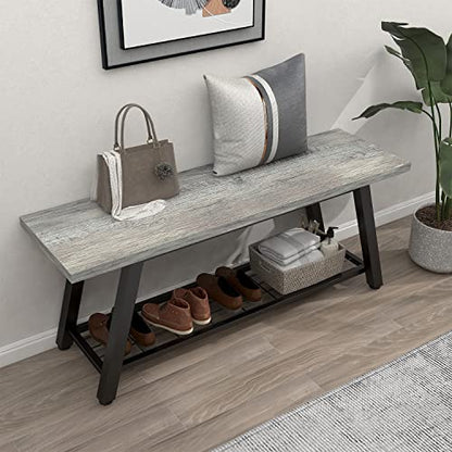 Oastreeful Grey Storage Bench Industrial Rustic Wooden and Metal Entryway Shoe Boots Storage Rack Long Bench Seat for Hallway Bedroom Rustic Farmhouse Style - WoodArtSupply