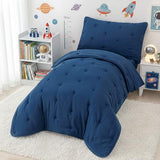 DreLunis 4-Piece Toddler Bedding Set for Boys Navy Blue Embroidery Kids Comforter Sets Soft Breathable Toddler Bed-in-a-Bag Includes Comforter, Flat Sheet, Fitted Sheet, Pillowcase DreLunis