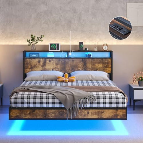 LUXOAK King Floating Bed Frame with LED Lights & Charging Station in Rustic Brown LUXOAK