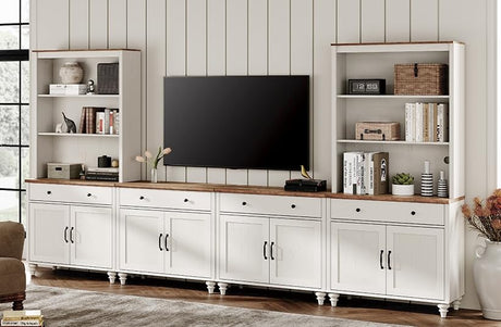 WAMPAT Entertainment Center with Bookshelves for TVs up to 75", Farmhouse Wall Unit TV Stand with 8 Doors & 4 Drawer, Media Console Table for Living Room, Bedroom & Home Theater, Off White WAMPAT