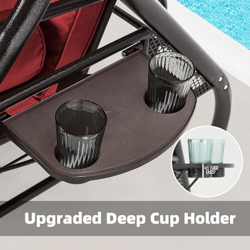 HOMREST 3 Seat Outdoor Porch Swing with Adjustable Canopy, Convertible Patio Swing Bed with Stand, Patio Glider Swing with Upgraded Cup Holder, Thicken Cushions ＆ Pillow for Backyard (Wine Red) HOMREST