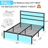 CLIBFENG Full Size Bed Frame with Headboard,Heavy Duty Steel Slats Support-LED Bed Frame with USB Charging Station,Mattress Foundation-Under Bed Storage,No Box Spring Needed,Noise Free，Black CLIBFENG