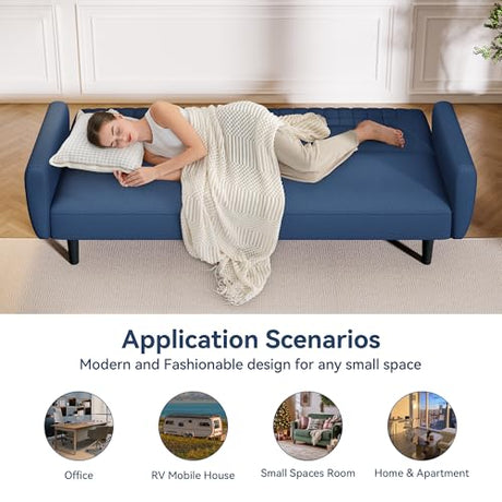 AMICLIBER Futon Sofa Bed,75.8" Linen Fabric Comfy Futon Couch Bed,3 Seater Convertible Sleeper Sofa with Adjustable Backrests,Modern Folding Loveseat for Living Room,Office,Apartment,Bedroom,Blue AMICLIBER