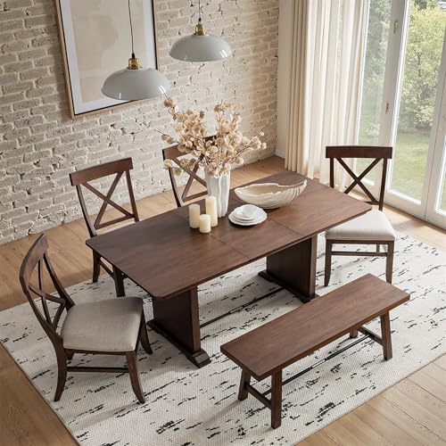 6-Piece Solid Wood Extendable Dining Table Set for 4-10 People with 4 Chairs & 1 Bench, Extension from 54 to 72 Inches for Small Spaces, Dining Room, Kitchen, Living Room, Easy Assembly, Walnut TerraSafe