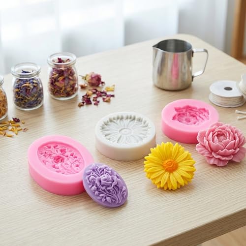 8 Pcs Candle Molds, Flower Mold for DIY Projects, Create White and Pink Chrysanthemum, Lilac, Peony, and Rose Candles, Handcrafted Home Decor and Gift Making Supplies