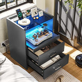 VIAGDO Nightstand with Charging Station and LED Lights, Black Night Stand with Glass Top and Storage Drawers, End Side Tables with Pull-Out Tray and USB Ports, Modern Bedside Tables for Bedroom VIAGDO