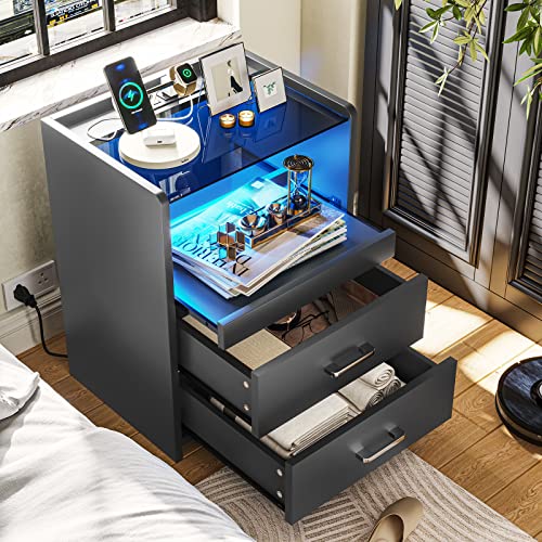 VIAGDO Nightstand with Charging Station and LED Lights, Black Night Stand with Glass Top and Storage Drawers, End Side Tables with Pull-Out Tray and USB Ports, Modern Bedside Tables for Bedro - WoodArtSupply