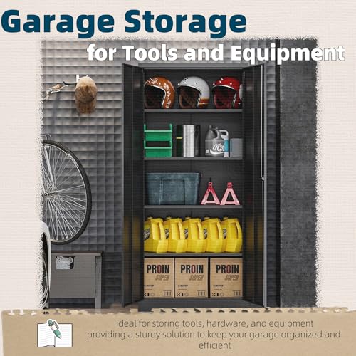 GUIZEEOPO Garage Storage Cabinet with Doors and Shelves, Metal Storage Cabinet with 5 Adjustable Shelves, Kitchen Pantry Cabinet, File Cabinets for Home Office, Filing Cabinet, 71'H, Matte Black GUIZEEOPO