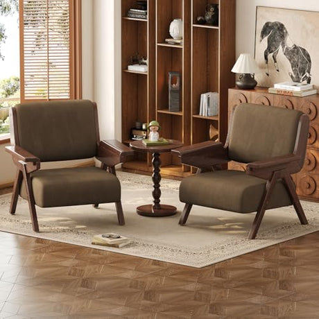 Euklea Mid Century Modern Accent Chair, Fabric Upholstered Lounge Arm Chair with Solid Wood Frame for Living Room, Bedroom, Office, Reading Corner (Coffee, Set of 2) Euklea