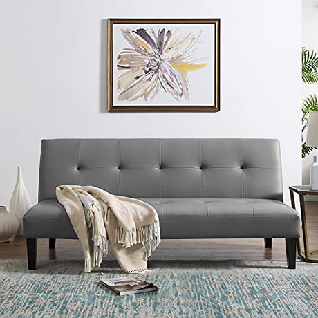 Naomi Home Gray Faux Leather Futon Sofa Bed, Modern Convertible Sofa with Wooden Legs, Reclining Small Couch Bed, Durable and Sturdy, 66'D x 32'W x 31'H Naomi Home