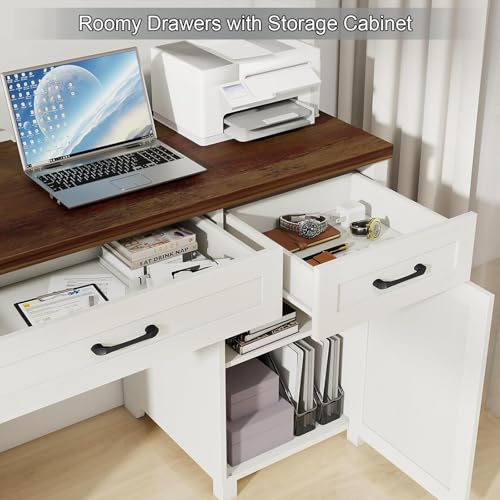 Farmhouse 67" H Executive Desk with Hutch,Office Desk with 5 Drawers, Computer Desks with Storage Cabinet & File Drawers and Charging Station, Workstation for Home Office and Study.(Unique White). Vabches