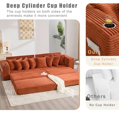 Modular L Shaped Sectional Couch Sofa with Movable Footstool, Cup Holders, 8 Pillows, Side Pockets, Converts to Bed, 110.75 Inch Corduroy Fabric for Living Room,Orange Generic