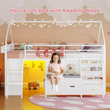 ADORNEVE Low Loft Bed Twin Size with Bookshelf, Reading Nook, LED Kids Loft Bed with 3 Drawers, Under-Bed Play Space, House Loft Beds with Safety Guardrail, Inclined Ladde & Play Curtain, White ADORNEVE