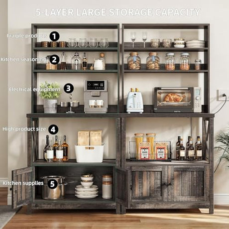 YITAHOME Bakers Rack with Power Outlet and Storage Cabinet Door, 5-Tiers Kitchen Tall Microwave Stand, Farmhouse Small Pantry Hutch, Thickened Counter Coffee Bar Station with Shelves, Black Oak YITAHOME