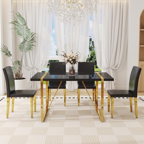 55" Dining Table Set for 4, Black Dining Table Set for 4, 1.5" Black Glossy Wood Tabletop with Golden Metal Legs, Modern Dinner Table Set with 4 Faux Leather Chairs for Kitchen,Apartment,Small Space Iopirbu