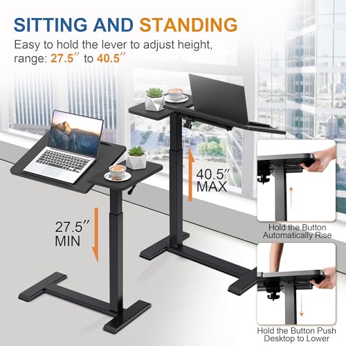 yaaqoo Adjustable Overbed Bedside Table with Hidden Wheels, Pneumatic Tilt Board Rolling Laptop Standing Desk Cart, Mobile Over Bed Sofa Chair Side End Tables, Walnut (Black) yaaqoo