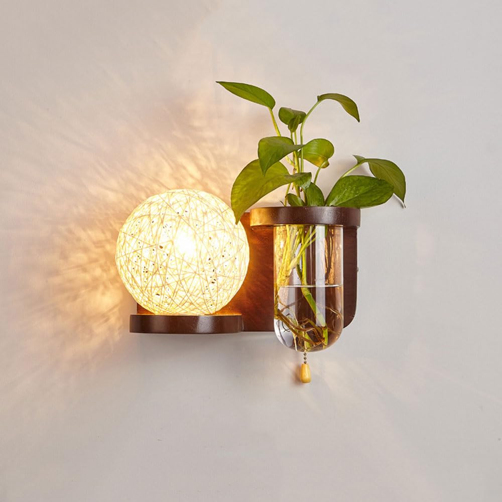 RXPVUXE Wooden Wall Sconce Clear Glass Tube Wall Lamp Modern Net Cage Wall Light with Pull Switch, Globe Retro Wall Sconces Wooden Nordic Wall Lighting Fixture for Bedroom Living Room, E27 RXPVUXE