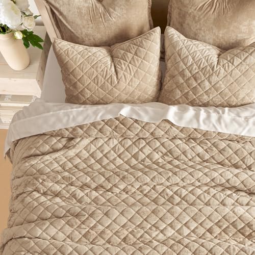 EVERGRACE Luxury Velvet Quilt Set Queen Size, Diamond Quilted Lightweight Velvet Comforter for All Season, Ultra Soft Oversized Bedspread Coverlet Bedding Set with 2 Pillow Shams, Beige Taupe EVERGRACE