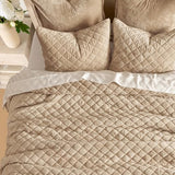 EVERGRACE Luxury Velvet Quilt Set Queen Size, Diamond Quilted Lightweight Velvet Comforter for All Season, Ultra Soft Oversized Bedspread Coverlet Bedding Set with 2 Pillow Shams, Beige Taupe EVERGRACE